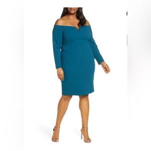 NWT Teal Vince Camuto Long Sleeve Off the Shoulder Sheath Dress
